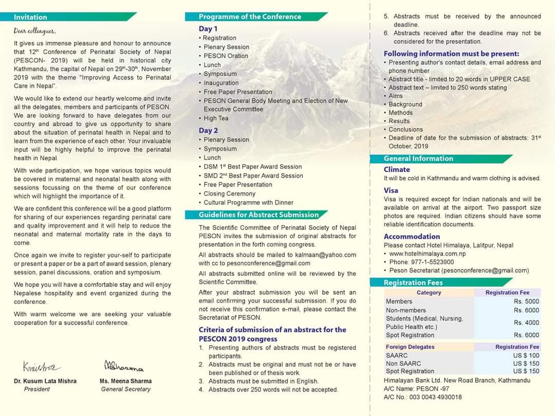 international conference PESON (Perinatal Society of Nepal) is scheduled to be held on 29-30 Nov, 2019
