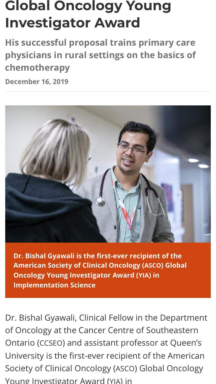 Research funding to early-career investigators TO Dr. Bishal Gyawali, Clinical Fellow