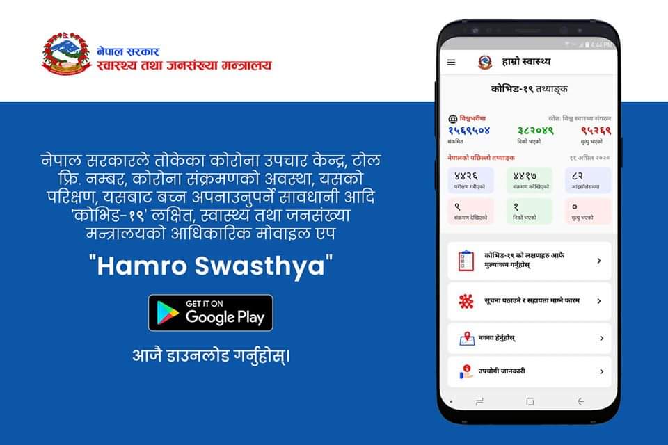 मोबाइल एप हाम्रो स्वास्थ्य “Hamro Swasthya” आजै डाउनलोड गर्नुहोस् ।