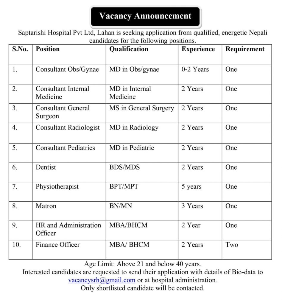 Apply for Medical Jobs at Saptarishi Hospital